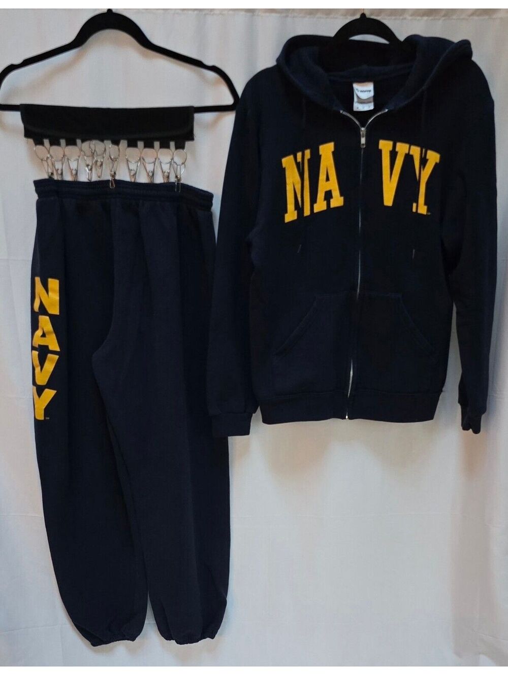 US Navy SOFFE Hoodie Sweatpants 2 Piece Sweatsuit Set Navy Blue Gold M L
